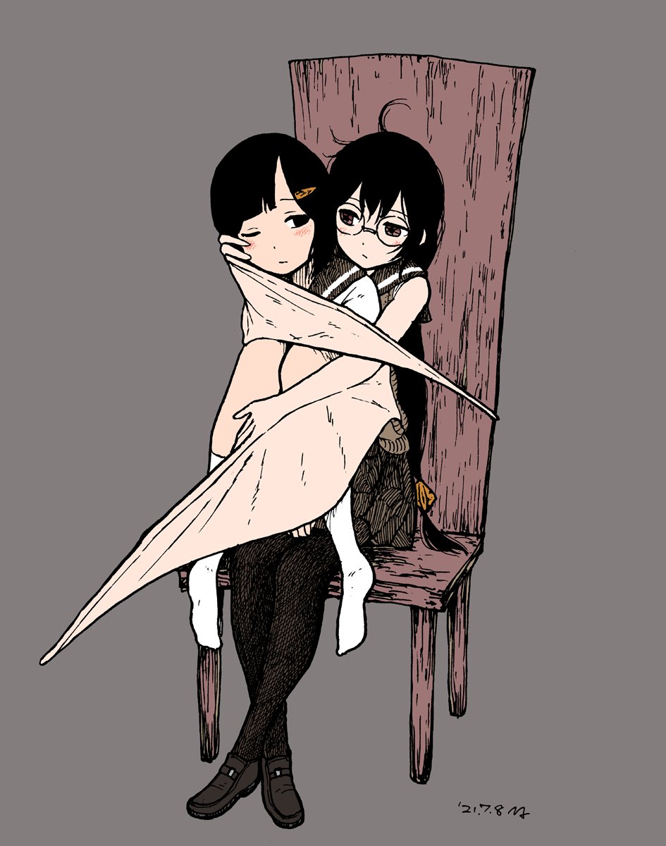 2girls, ahoge, black_footwear, black_hair, black_legwear, blush, chair, dated