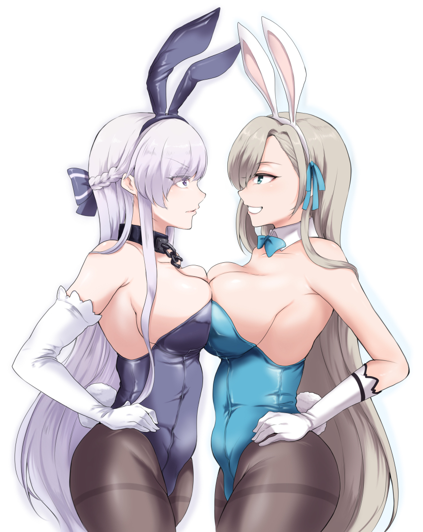 2girls, absurdres, animal_ears, asuna_(blue_archive), asuna_(bunny)_(blue_archive), azur_lane, bare_shoulders, belfast_(azur_lane), blue_archive, blue_eyes, blue_leotard, bow, bowtie, braid, breast_press, breasts, brown_legwear, cleavage, cowboy_shot, crossover, detached_collar, elbow_gloves, fake_animal_ears, fake_tail, from_side, gloves, half_up_braid, highleg, highleg_leotard, highres, large_breasts, leotard, light_brown_hair, light_purple_hair, long_hair, looking_at_another, multiple_girls, os_(kazos), pantyhose, playboy_bunny, purple_bow, purple_eyes, purple_leotard, rabbit_ears, rabbit_tail, simple_background, smile, strapless, strapless_leotard, symmetrical_docking, tail, teeth, thighband_pantyhose, traditional_bowtie, very_long_hair, white_background, white_gloves, wrist_cuffs