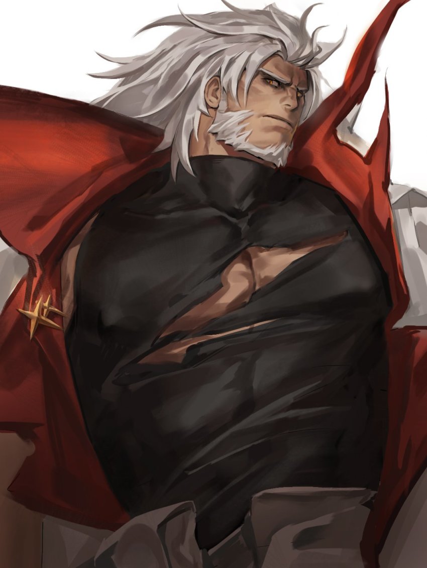 1boy, alchemy_stars, bara, beard, brown_pants, covered_erect_nipples, dark-skinned_male, dark_skin