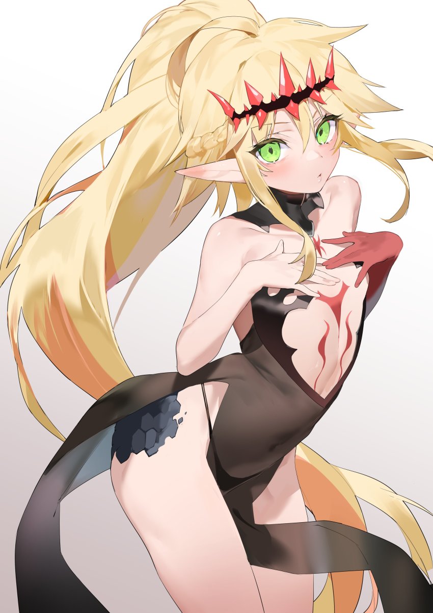 1girl, absurdres, bare_shoulders, black_dress, black_panties, blonde_hair, body_markings, braid