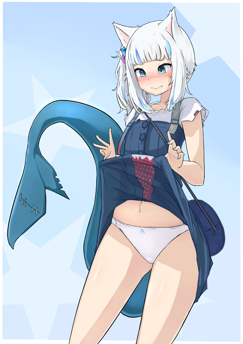 1girl, a_(phrase), absurdres, animal_ears, bag, blue_dress, blue_eyes, blue_nails, blunt_bangs, blush, cat_ears, closed_mouth, clothes_lift, cowboy_shot, dress, embarrassed, fangs, fins, fish_tail, gawr_gura, gawr_gura_(casual), handbag, highres, hololive, hololive_english, lifting_own_clothes, medium_hair, multicolored_hair, nail_polish, navel, nose_blush, panties, shark_tail, side_ponytail, sidelocks, silver_hair, skirt, skirt_lift, smile, solo, standing, stomach, streaked_hair, tail, tonys, underwear, virtual_youtuber, wavy_mouth, white_panties