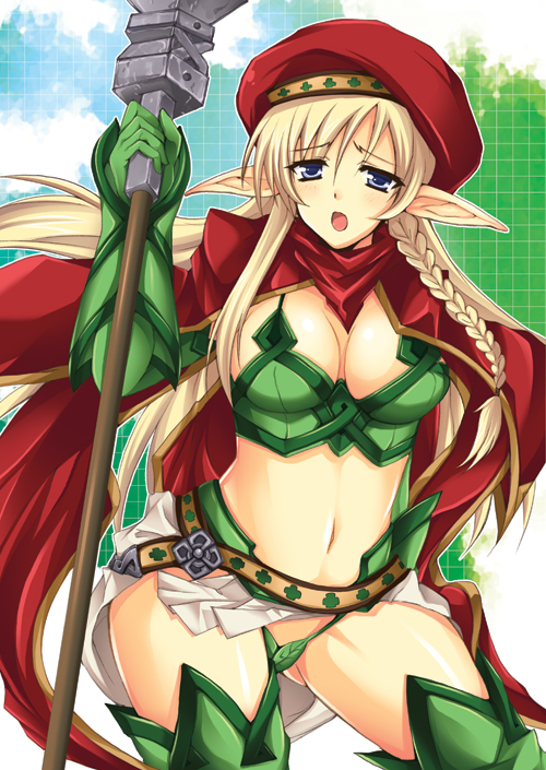 00s, 1girl, alleyne_(queen's_blade), armpits, bad_id, bad_pixiv_id, beret, blonde_hair