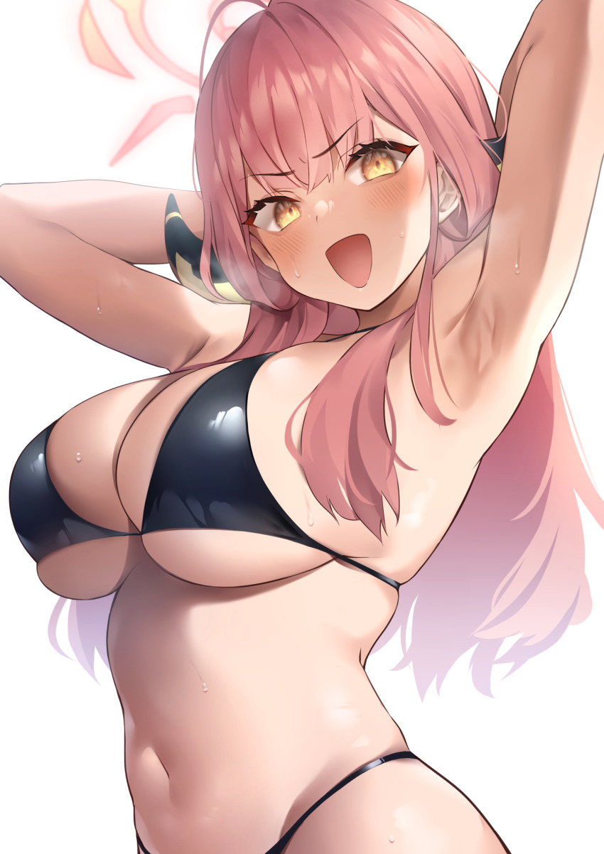 1girl, ahoge, armpits, arms_up, aru_(blue_archive), bikini, black_bikini, blue_archive