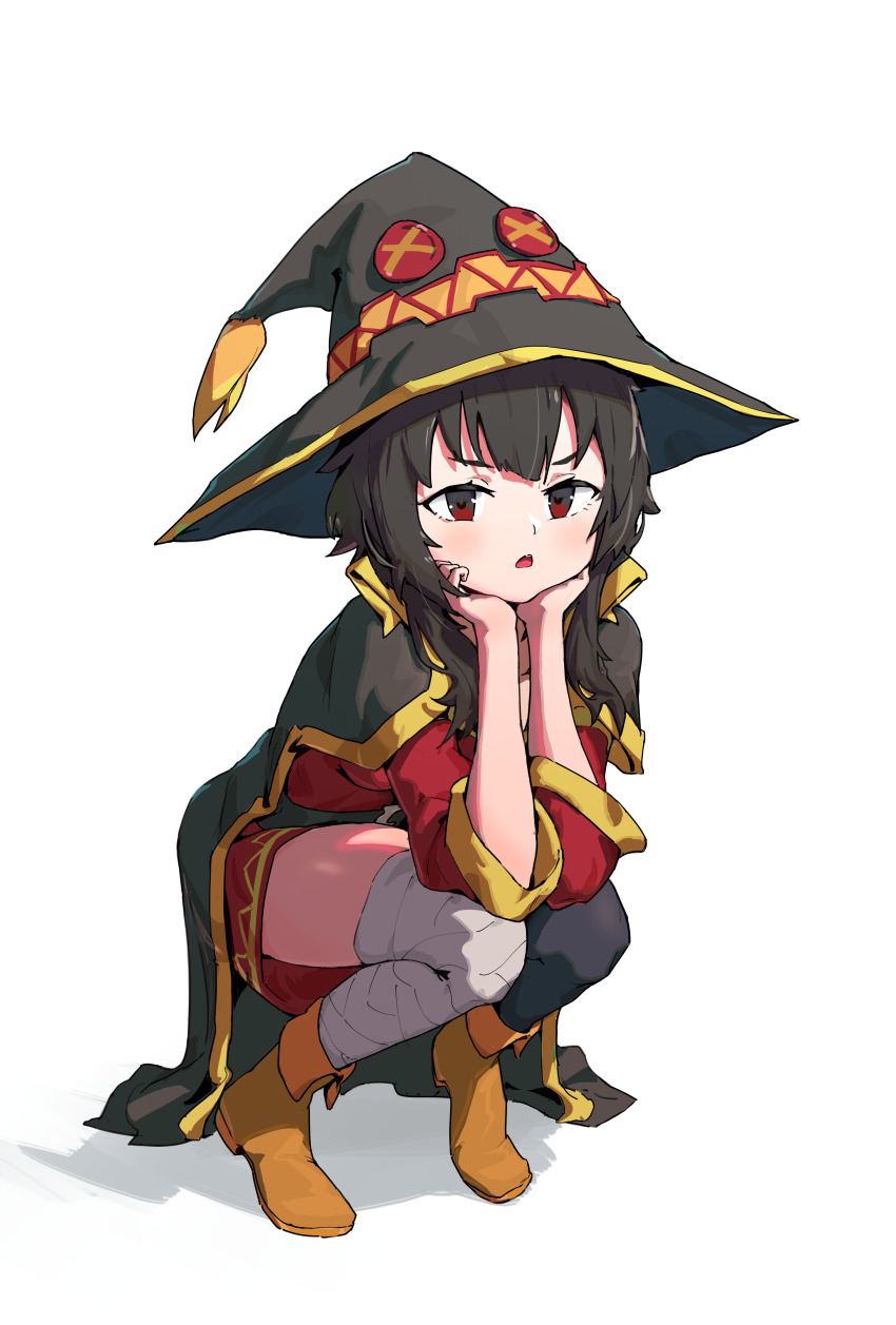 1girl, absurdres, arms_on_knees, asymmetrical_legwear, bandaged_leg, bandages, belt, black_cape, black_hat, black_thighhighs, boots, brown_belt, brown_hair, button_eyes, buttons, cape, dress, eyepatch, full_body, hands_on_own_cheeks, hands_on_own_face, hat, highres, kono_subarashii_sekai_ni_shukufuku_wo!, looking_at_viewer, luoxuan_dazhuang_ji, megumin, mismatched_legwear, open_mouth, red_dress, red_eyes, shadow, short_hair_with_long_locks, simple_background, single_thighhigh, solo, squatting, thighhighs, tiptoes, white_background, witch_hat