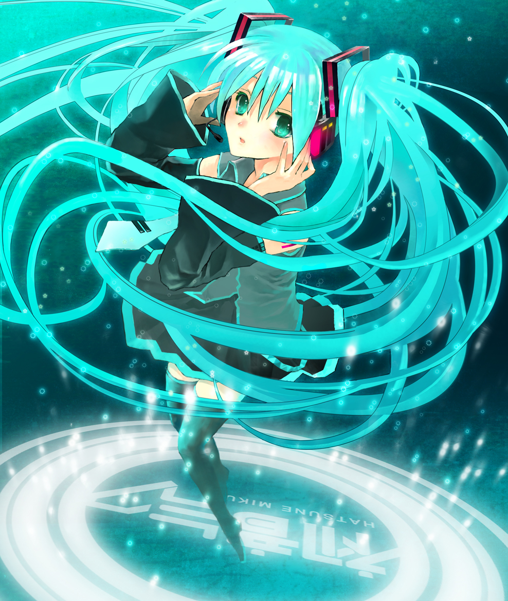 1girl, aqua_eyes, aqua_hair, detached_sleeves, female_focus, full_body, hatsune_miku, headset