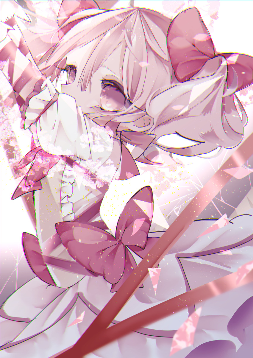 1girl, absurdres, arms_up, bubble_skirt, chromatic_aberration, dress, eyelashes, frilled_dress, frilled_sleeves, frills, hair_between_eyes, hair_ornament, hair_ribbon, highres, kaname_madoka, kaname_madoka_(magical_girl), light_particles, little_(co), magical_girl, mahou_shoujo_madoka_magica, mahou_shoujo_madoka_magica_(anime), pink_eyes, pink_hair, pink_ribbon, puffy_short_sleeves, puffy_sleeves, ribbon, short_hair, short_sleeves, short_twintails, skirt, solo, twintails