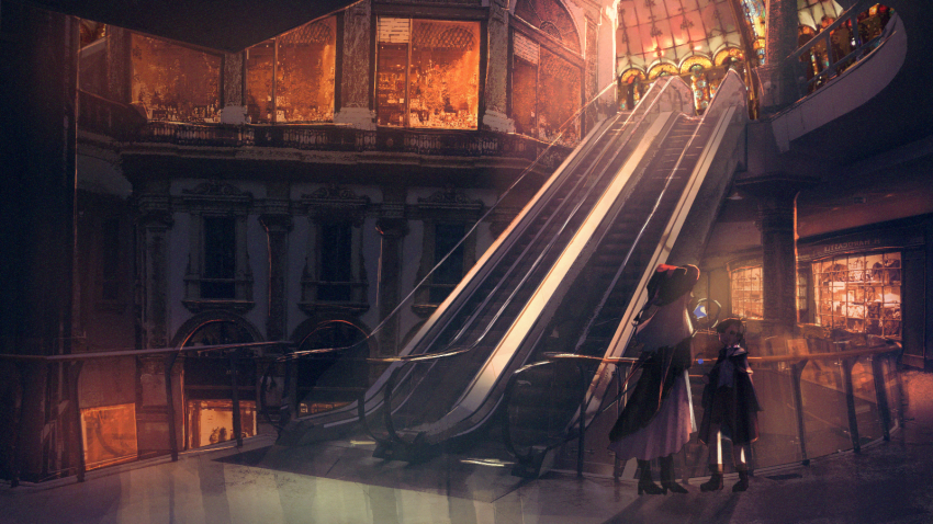 1girl, 1other, ambiguous_gender, boots, brown_hair, commentary, escalator, hat