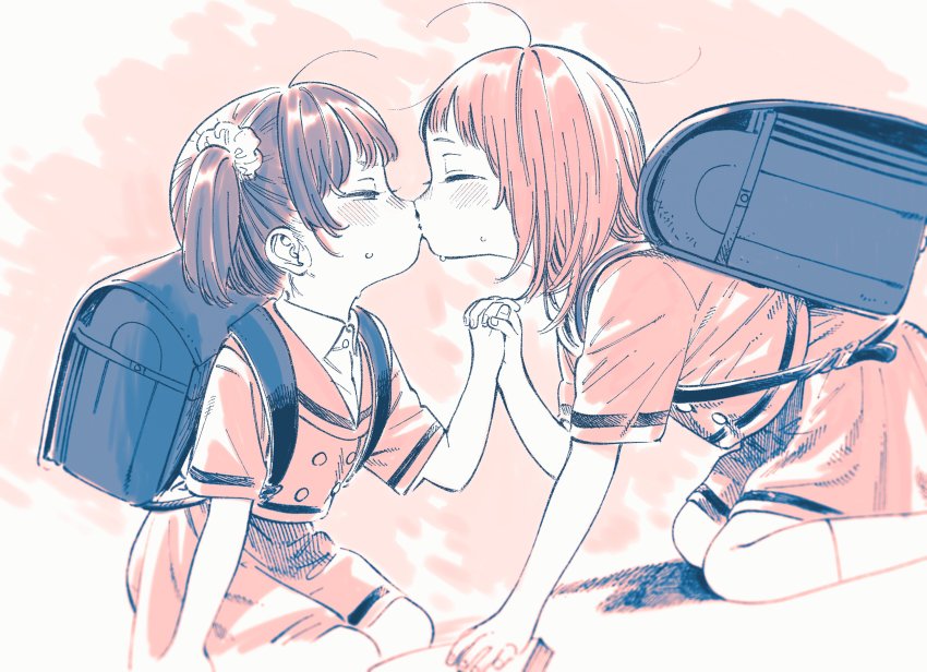 2girls, absurdres, backpack, bag, blush, child, closed_eyes, female_focus