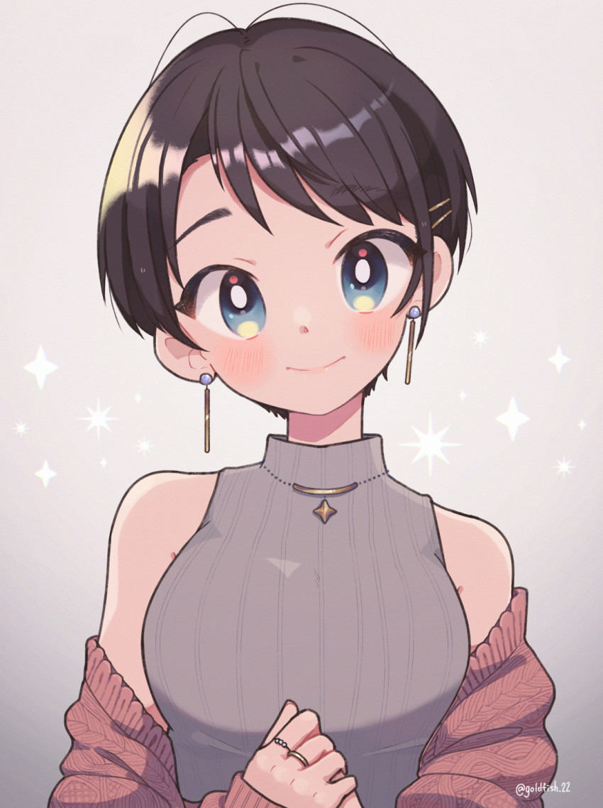 1girl, alternate_costume, alternate_hairstyle, blouse, blue_eyes, blush, breasts, brown_cardigan
