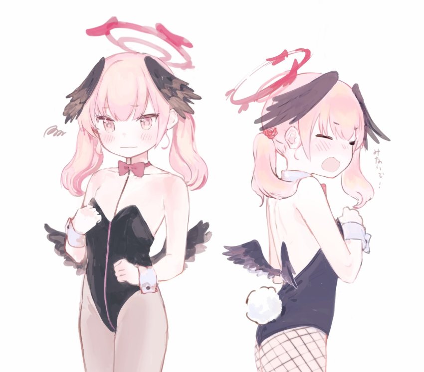alternate_costume, black_leotard, black_wings, blue_archive, bow, bowtie, detached_collar, feathered_wings, fishnet_legwear, fishnets, halo, head_wings, highres, koharu_(blue_archive), leotard, low_twintails, low_wings, medium_hair, nprmtp, pantyhose, pink_eyes, playboy_bunny, strapless, strapless_leotard, twintails, wings, wrist_cuffs