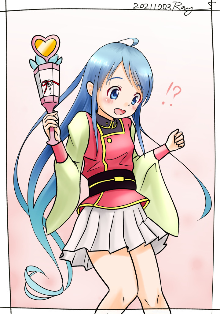 !?, 1girl, blue_eyes, blue_hair, cosplay, cowboy_shot, gradient_hair, kantai_collection