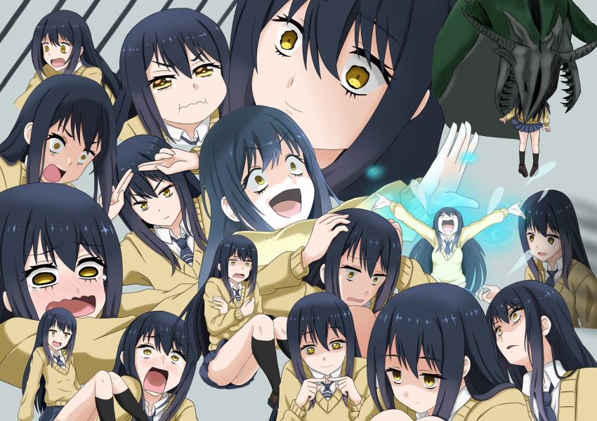 1girl, 1other, amamiya_sora, aqua_(konosuba), black_hair, crying_aqua_(meme), elhddmois, highres, kono_subarashii_sekai_ni_shukufuku_wo!, long_hair, meme, mieruko-chan, miniskirt, monster, multiple_views, necktie, open_mouth, parody, pleated_skirt, school_uniform, simple_background, skirt, style_parody, sweater, tears, voice_actor_connection, yellow_eyes, yotsuya_miko