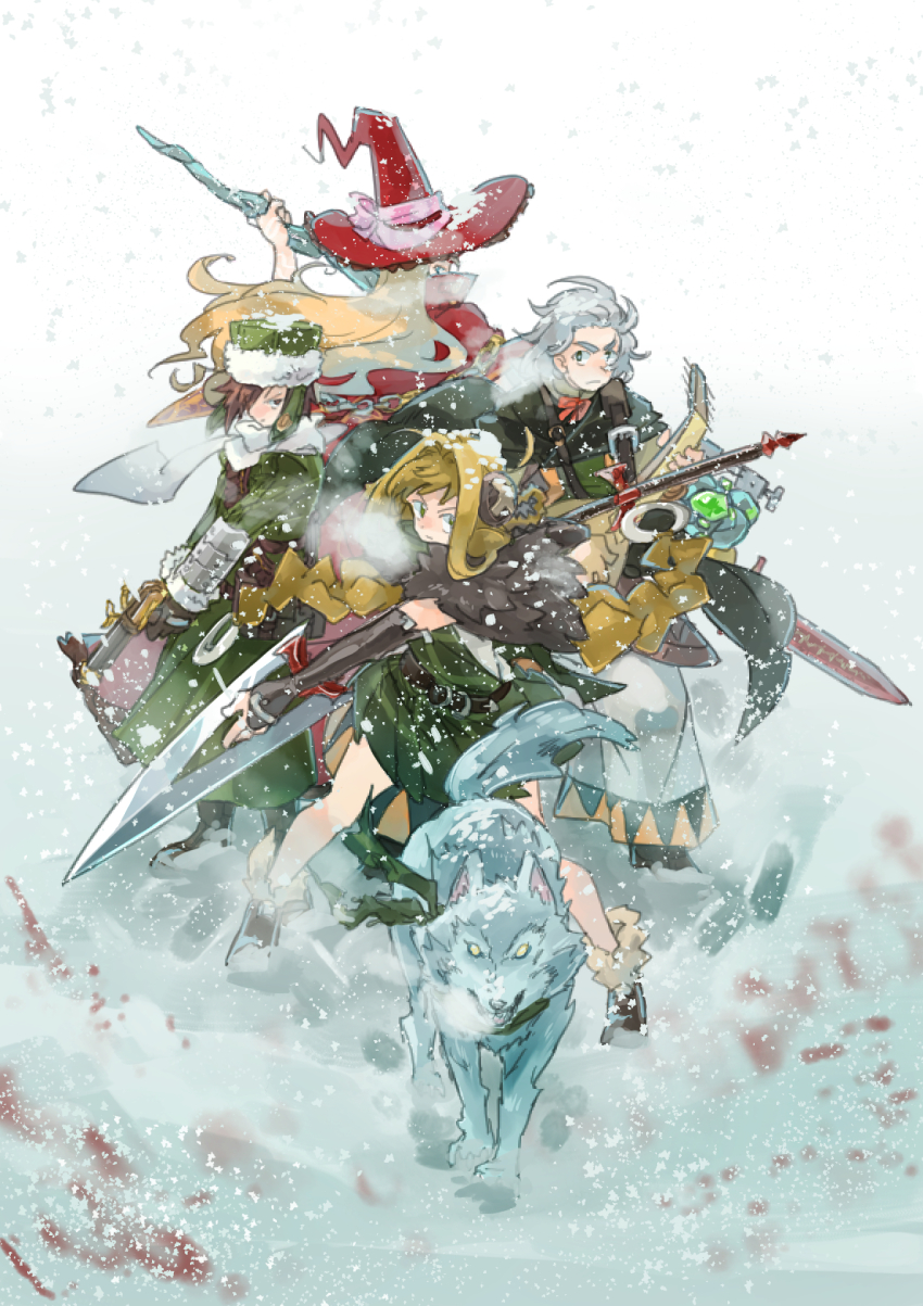 2boys, 2girls, bard_(sekaiju), bard_3_(sekaiju), blood_on_snow, coat, doctor_magus, doctor_magus_4, etrian_odyssey, fur-trimmed_headwear, fur_trim, green_coat, green_eyes, green_headwear, gun, gunner_(sekaiju), gunner_1_(sekaiju), hat, highlander_2_(sekaiju_2), highres, holding, holding_gun, holding_weapon, instrument, lute_(instrument), multiple_boys, multiple_girls, oomarubath, pet_(sekaiju), pet_3_(sekaiju), polearm, red_headwear, sekaiju_no_meikyuu, shin_sekaiju_no_meikyuu_2, snow, spear, sword, weapon, witch_hat, wolf