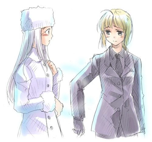 00s, 2girls, artoria_pendragon_(fate), azuma_shouko, black_necktie, black_suit, blonde_hair, fate/stay_night, fate/zero, fate_(series), formal_clothes, gradient_background, irisviel_von_einzbern, jacket, lowres, multiple_girls, necktie, pant_suit, pants, saber_(fate), suit, white_hair, white_jacket