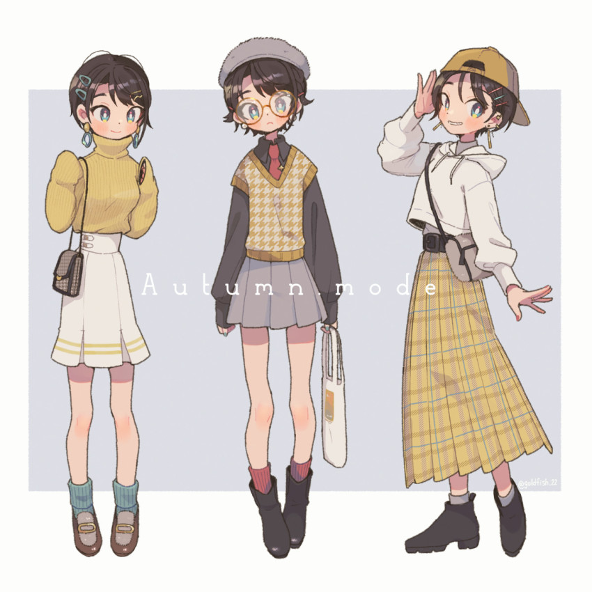 3girls, alternate_costume, backwards_hat, bag, baseball_cap, belt, beret, bespectacled