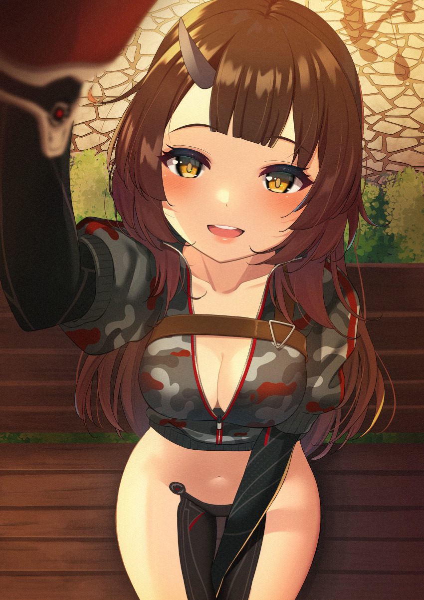 1girl, absurdres, bench, bodysuit, breasts, brown_hair, camouflage, cleavage, collarbone, female_focus, highres, hololive, large_breasts, looking_at_viewer, mugino0515, navel, on_bench, open_mouth, outdoors, reverse_outfit, roboco-san, roboco-san_(1st_costume), short_hair, sitting, smile, solo, virtual_youtuber, yellow_eyes