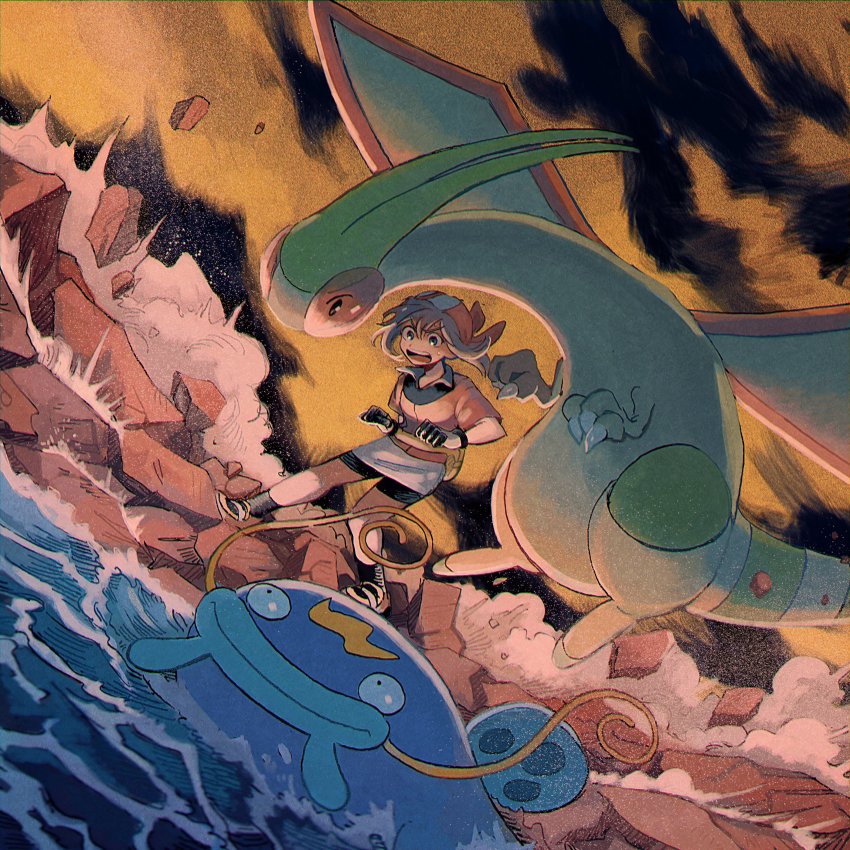 1girl, absurdres, bag, bandana, bike_shorts, bike_shorts_under_skirt, black_legwear, brown_hair, commentary_request, earthquake_(pokemon), fanny_pack, flygon, gen_3_pokemon, gloves, highres, may_(pokemon), nintendo, open_mouth, pokemon, pokemon_(creature), pokemon_move, pokemon_ruby/sapphire/emerald, rock, shirt, shoes, short_sleeves, skirt, socks, standing, teeth, tongue, upper_teeth_only, whiscash, white_skirt, yamanote, yellow_bag