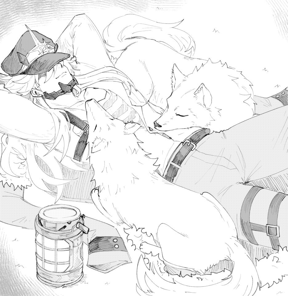 1boy, alchemy_stars, arms_up, barton_(alchemy_stars), belt, covered_eyes, dog, greyscale