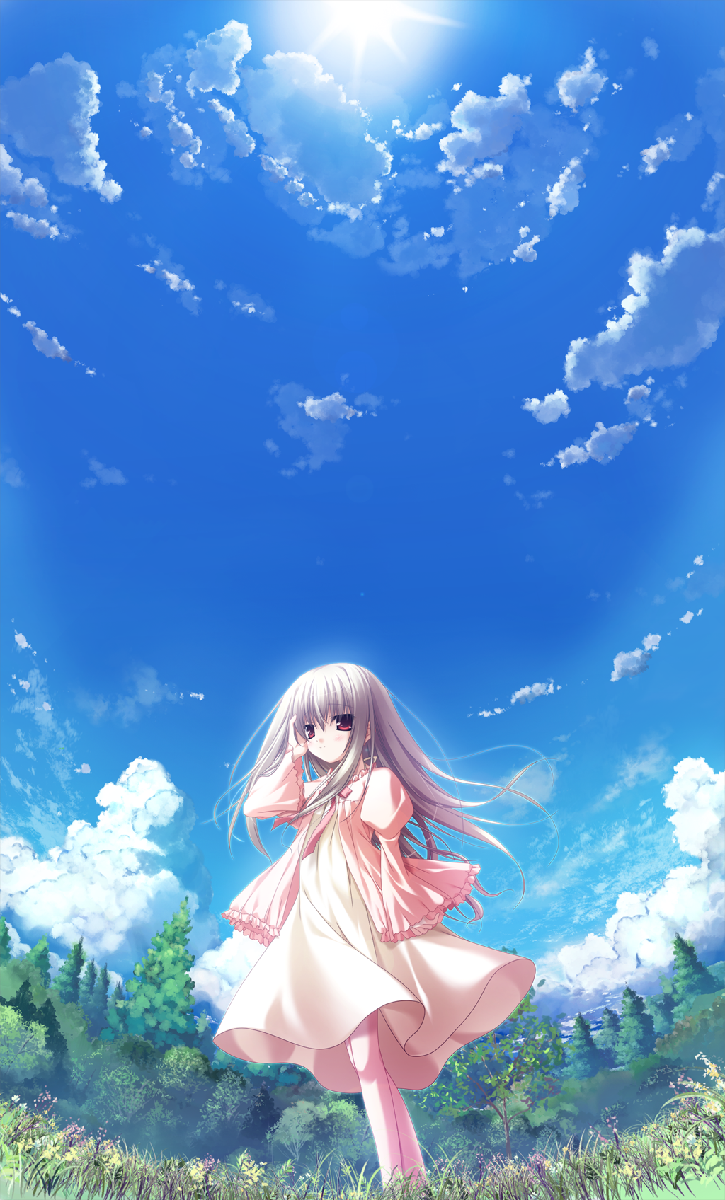 1girl, chikotam, cloud, day, dress, eden_they_were_only_two_on_the_planet, female_focus, fisheye, highres, long_hair, minori_(company), nature, outdoors, sion_(eden), sky, solo, tree