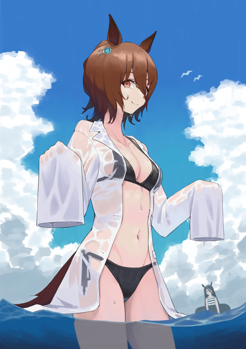 2girls, agnes_tachyon_(umamusume), animal_ears, bikini, black_bikini, breasts, brown_eyes, brown_hair, cleavage, closed_mouth, cloud, coat, commentary_request, day, earrings, groin, highres, horse_ears, horse_girl, horse_tail, innertube, jewelry, kazu_no_reason, lab_coat, long_sleeves, looking_at_viewer, manhattan_cafe_(umamusume), medium_breasts, multiple_girls, navel, open_clothes, open_coat, outdoors, see-through_clothes, short_hair, side-tie_bikini_bottom, single_earring, sleeves_past_wrists, smile, solo_focus, swim_ring, swimsuit, tail, umamusume, wading, wet, wet_clothes