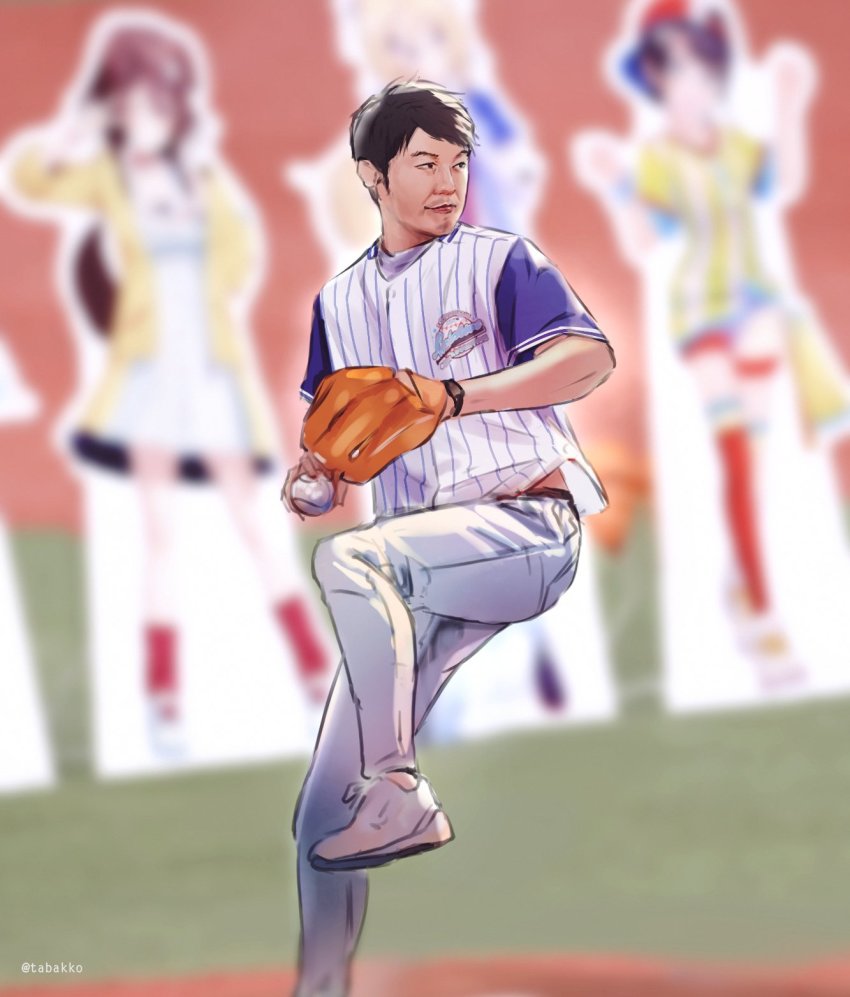 1boy, aki_rosenthal, backlighting, baseball, baseball_glove, baseball_jersey, baseball_uniform, black_eyes