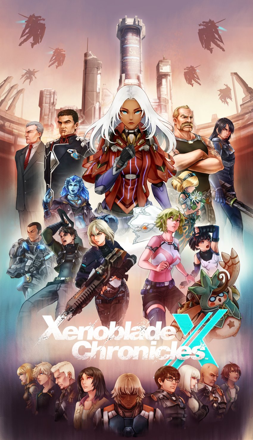 6+boys, 6+girls, absurdres, alexa_(xenoblade_x), assault_rifle, bald, black_hair, blonde_hair