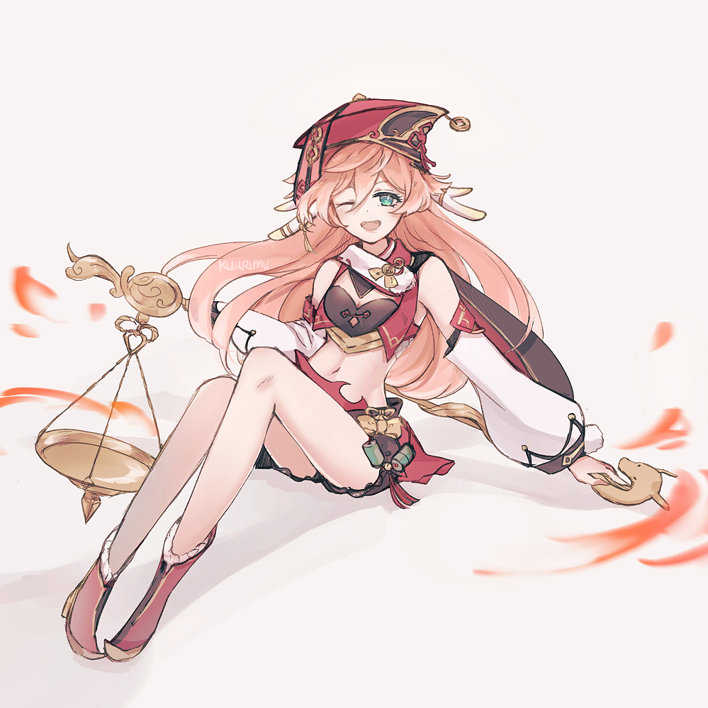 1girl, ;d, antlers, blue_eyes, breasts, cleavage, commentary_request, detached_sleeves, full_body, genshin_impact, hair_between_eyes, hat, holding, holding_staff, horns, kuurimu, long_hair, long_sleeves, looking_at_viewer, one_eye_closed, open_mouth, pink_hair, puffy_detached_sleeves, puffy_sleeves, shoes, sidelocks, simple_background, sitting, smile, solo, staff, stomach, white_background, yanfei_(genshin_impact)