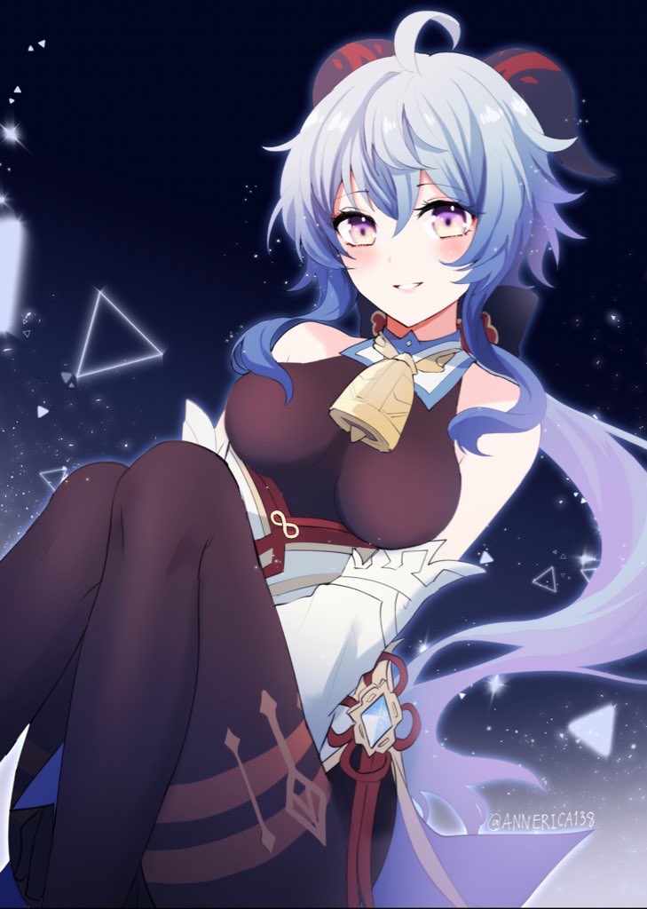 ahoge, annerica, artist_name, bare_shoulders, bell, black_legwear, blue_hair, blush