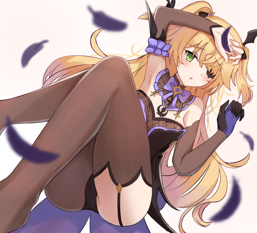 1girl, armband, ass, bare_shoulders, blonde_hair, blurry, bow, detached_collar, elbow_gloves, eyepatch, feathers, feet_out_of_frame, fischl_(genshin_impact), full_body, garter_straps, genshin_impact, gloves, hair_between_eyes, hair_ornament, hand_up, highres, long_hair, multico, no_shoes, open_mouth, purple_bow, simple_background, single_glove, single_thighhigh, solo, thighhighs, thighs, white_background
