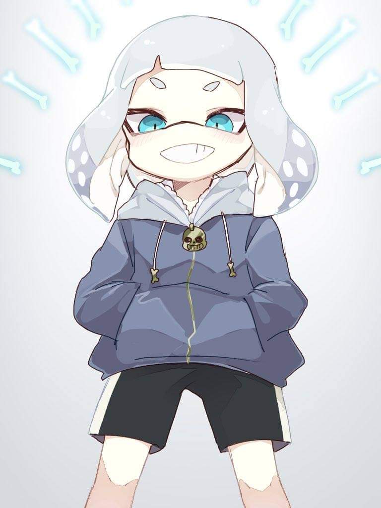 1girl, aqua_eyes, bad_id, bad_pixiv_id, black_shorts, blue_eyes, blue_hoodie, bone, cosplay, hand_in_pocket, hood, hoodie, ika_esu, inkling, inkling_girl, inkling_player_character, long_sleeves, looking_at_viewer, looking_down, nintendo, pearl_(splatoon), sans_(cosplay), sans_(undertale), short_hair, shorts, simple_background, smile, solo, splatoon_(series), splatoon_2, standing, teeth, undertale, utdr_(toby_fox), white_background, white_hair