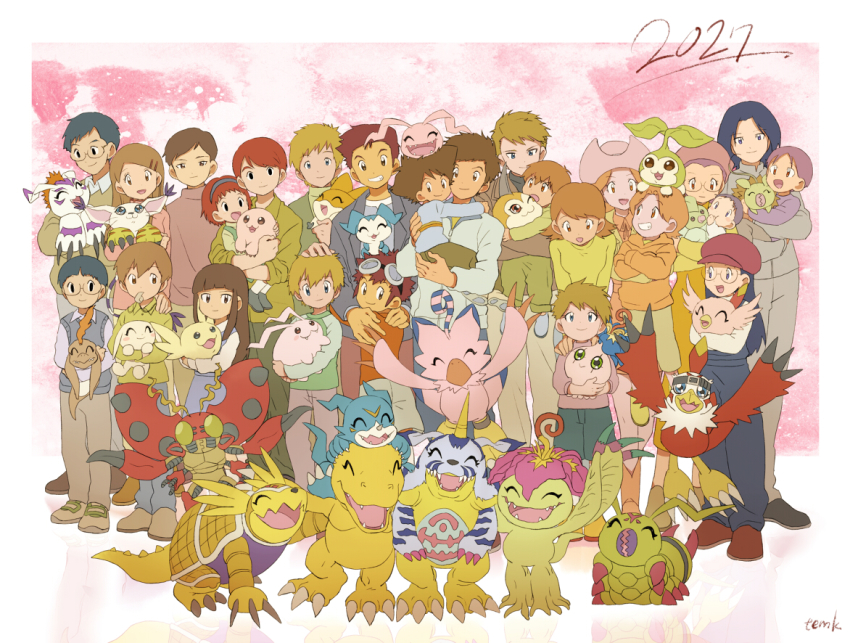agumon, armadimon, belt, chibimon, claws, digimon, digimon_adventure_02, gabumon, gomamon, happy, hawkmon, hida_iori, hida_iori's_daughter, ichijouji_ken, inoue_miyako, inoue_miyako_and_ichijouji_ken's_daughter, inoue_miyako_and_ichijouji_ken's_first_son, inoue_miyako_and_ichijouji_ken's_second_son, ishida_yamato, izumi_koshiro, izumi_koshiro's_daughter, kido_jo, kido_jo's_son, koromon, minomon, mochimon, motomiya_daisuke, motomiya_daisuke's_son, palmon, patamon, piyomon, plant, plotmon, poromon, pukamon, pyocomon, smile, tachikawa_mimi, tachikawa_mimi's_son, tailmon, takaishi_takeru, takaishi_takeru's_son, takenouchi_sora, takenouchi_sora_and_ishida_yamato's_daughter, takenouchi_sora_and_ishida_yamato's_son, tanemon, tentomon, tokomon, tunomon, upamon, v-mon, wormmon, yagami_hikari, yagami_hikari's_son, yagami_taichi, yagami_taichi's_son
