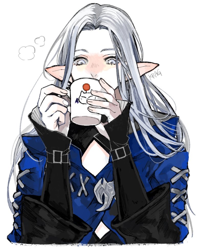 1girl, blue_coat, coat, covered_mouth, cup, drinking, elezen, elf