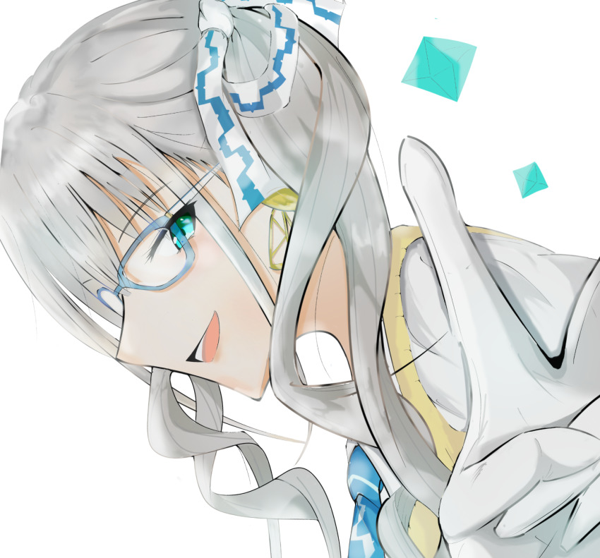 1girl, ainu_clothes, aquaplus, blue_eyes, curly_hair, from_side, glasses, gloves, grey_hair, hair_ribbon, highres, long_hair, looking_at_viewer, musyokusunege, natoriitori, nose, open_mouth, ribbon, robot, robot_ears, robot_girl, sidelocks, solo, teeth, tongue, twintails, upper_body, utawarerumono, utawarerumono:_lost_flag, white_gloves