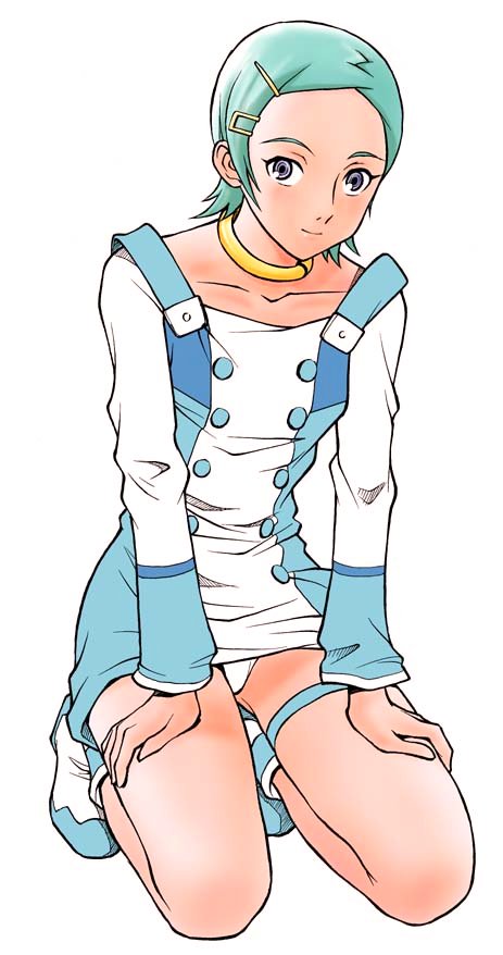 00s, 1girl, ankle_boots, annkoku_daimaou, aqua_hair, arm_support, blue_eyes, blue_hair, blush, boots, buttons, clothes_lift, dress, dress_lift, eureka_(eureka_seven), eureka_seven, eureka_seven_(series), female_focus, flat_chest, full_body, grey_eyes, hair_ornament, hairclip, hand_on_thigh, high_heels, human_highlight_film, jewelry, kneeling, light_smile, looking_at_viewer, matching_hair/eyes, neck_ring, necklace, panties, pantyshot, shoes, short_dress, short_hair, simple_background, smile, solo, thigh_strap, tiptoes, underwear, upskirt, white_background, white_panties