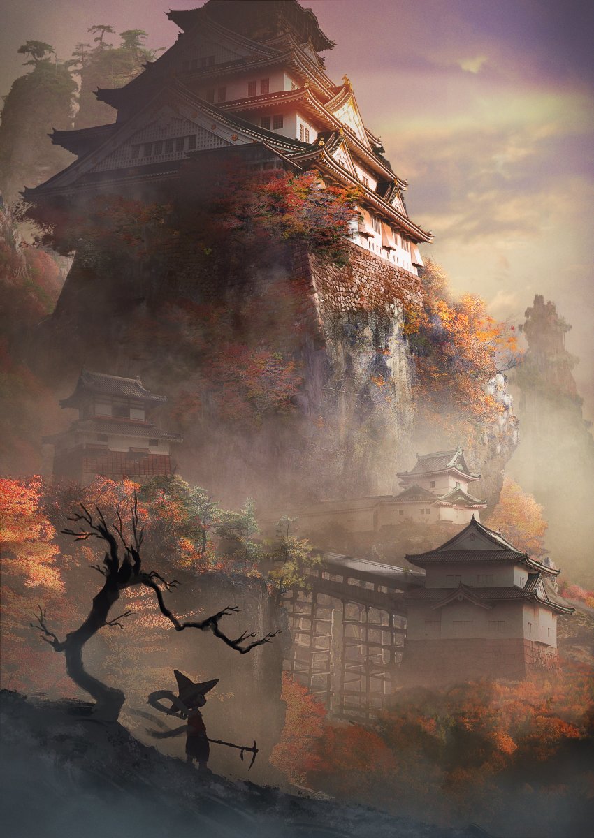 1girl, absurdres, architecture, autumn_leaves, bare_tree, building, castle, commentary_request, couldoh, east_asian_architecture, fog, hagoromo, hat, highres, hoe, japanese_clothes, kimono, leaf, mountain, outdoors, pagoda, railing, red_kimono, rice_hat, sakuna-hime, scenery, shawl, sky, solo, tensui_no_sakuna-hime, tree