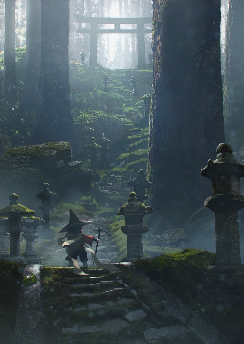 1girl, absurdres, commentary_request, couldoh, foliage, forest, full_body, hagoromo