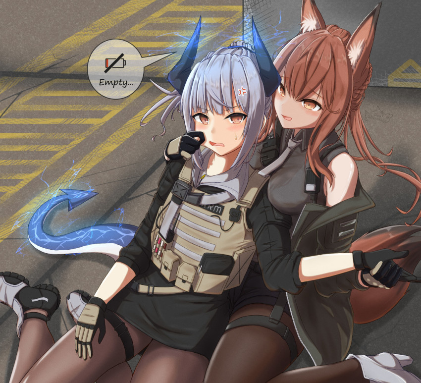 2girls, :d, anger_vein, animal_ear_fluff, animal_ears, ankle_boots, arknights, bare_shoulders, between_breasts, black_footwear, black_gloves, black_jacket, black_shirt, black_shorts, black_skirt, blush, boots, braid, breasts, brown_eyes, brown_legwear, bulletproof_vest, cheek_pinching, collared_shirt, day, dragon_girl, dragon_horns, dragon_tail, electricity, english_text, fox_ears, fox_girl, fox_tail, franka_(arknights), gloves, grey_neckwear, high_heel_boots, high_heels, holding_hands, horns, jacket, pantyhose_under_shorts, liskarm_(arknights), liskarm_(overload)_(arknights), long_hair, long_sleeves, looking_at_viewer, medium_breasts, miniskirt, multiple_girls, necktie, off_shoulder, official_alternate_costume, on_ground, open_clothes, open_jacket, open_mouth, outdoors, pantyhose, pinching, ponytail, red_eyes, road, shironekoban, shirt, short_shorts, shorts, signature, simple_background, sitting, skirt, smile, smug, speech_bubble, street, sweatdrop, tail, thigh_strap, v-shaped_eyebrows, white_footwear, yokozuwari, yuri