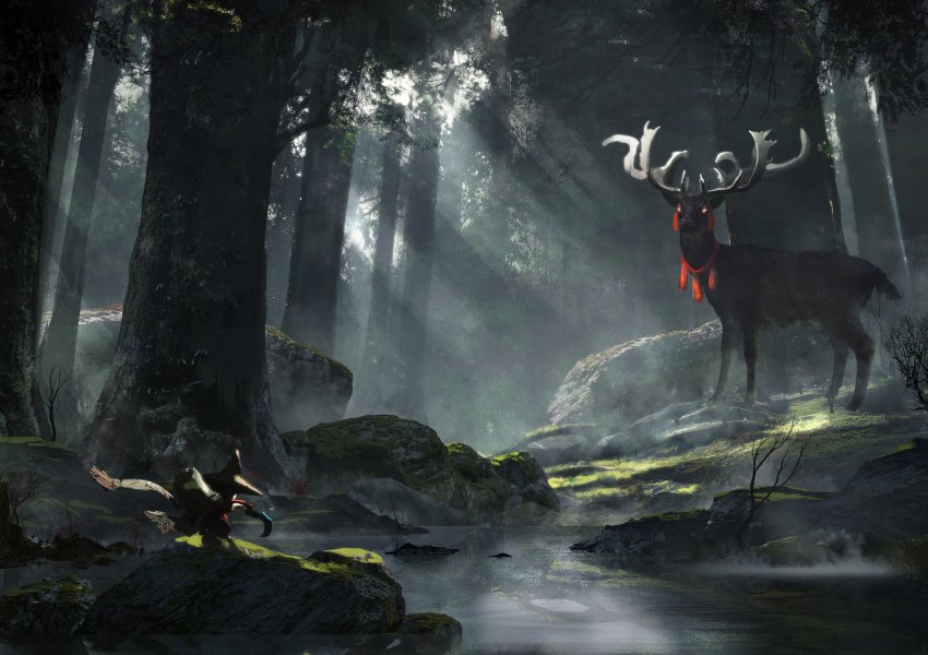 1girl, absurdres, antlers, commentary_request, couldoh, dappled_sunlight, deer, foliage