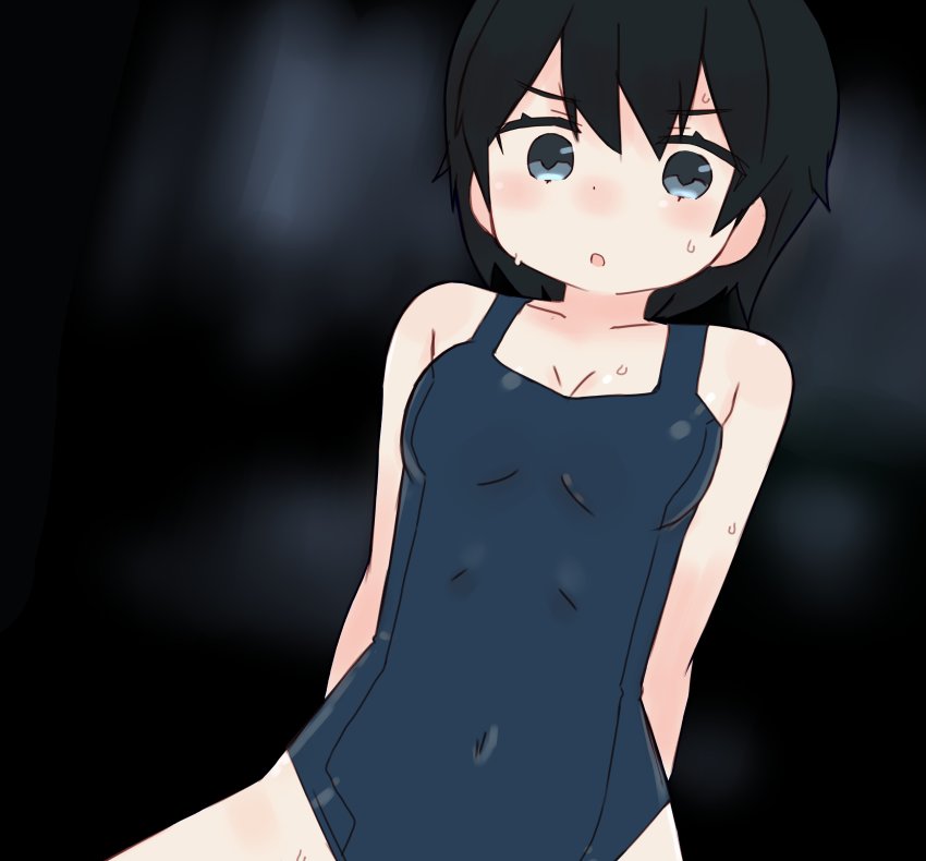 1girl, absurdres, arms_behind_back, black_hair, blue_eyes, blue_one-piece_swimsuit, blurry, blurry_background