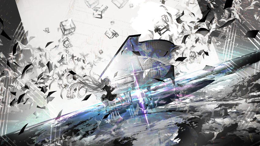 1girl, absurdres, barefoot, black_dress, chair, closed_eyes, closed_mouth, commentary_request