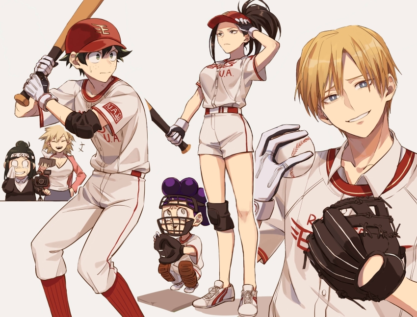 3boys, 3girls, amedan, bakugou_mitsuki, baseball, baseball_bat, baseball_glove, boku_no_hero_academia
