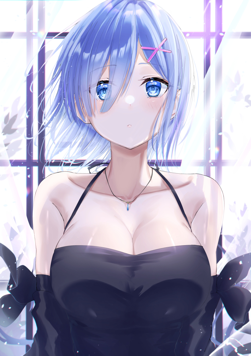1girl, alternate_costume, bare_shoulders, blue_eyes, blue_hair, blush, breasts, cleavage