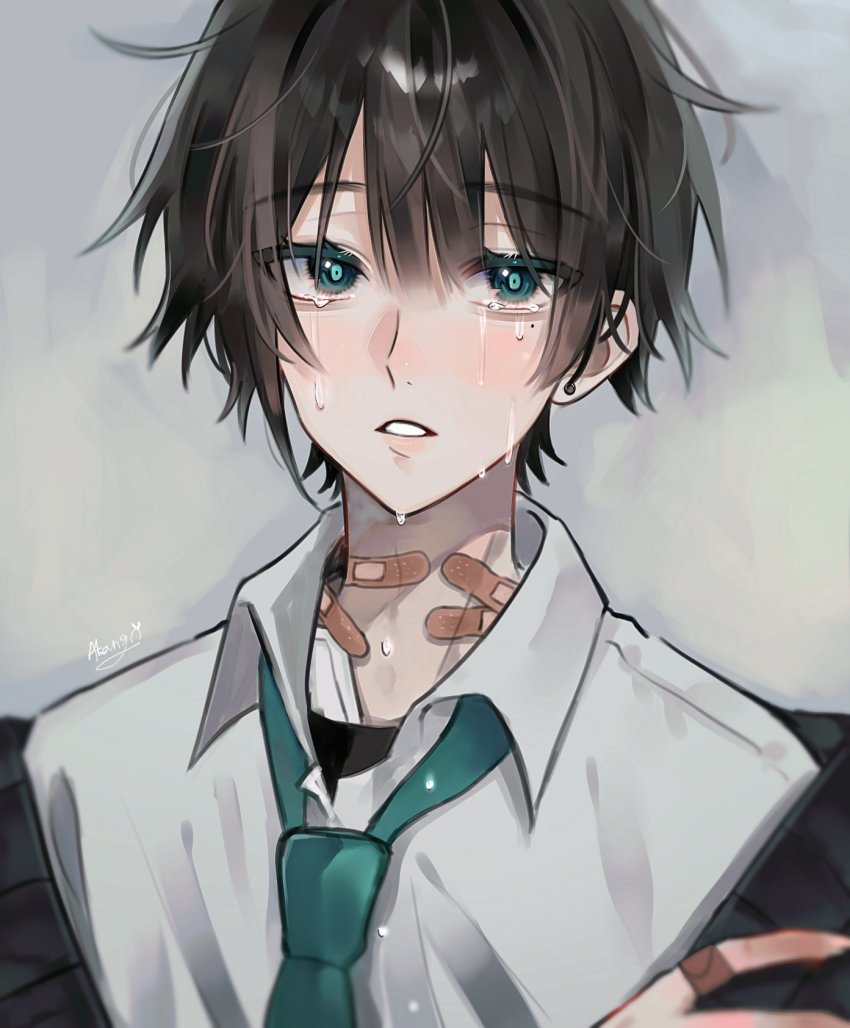 1boy, a20190422, artist_name, bandaid, black_hair, black_sweater, blunt_bangs, collared_shirt