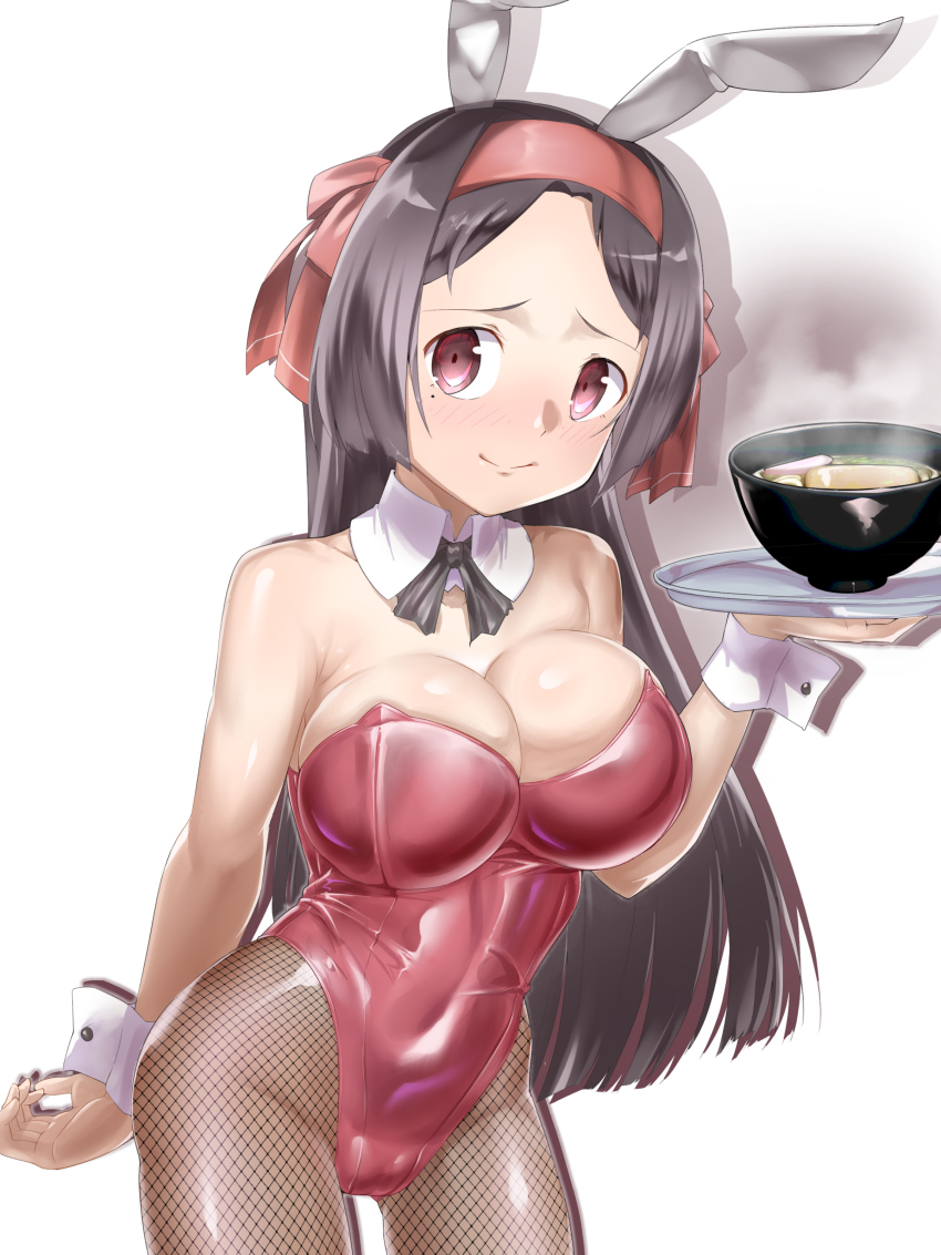 1girl, absurdres, animal_ears, black_hair, black_ribbon, bowl, breasts, cleavage