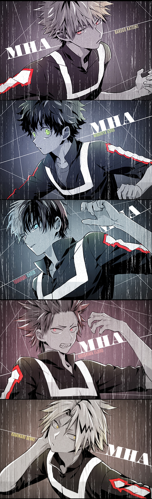 5boys, bakugou_katsuki, boku_no_hero_academia, green_eyes, heterochromia, highres, kaminari_denki, kirishima_eijirou