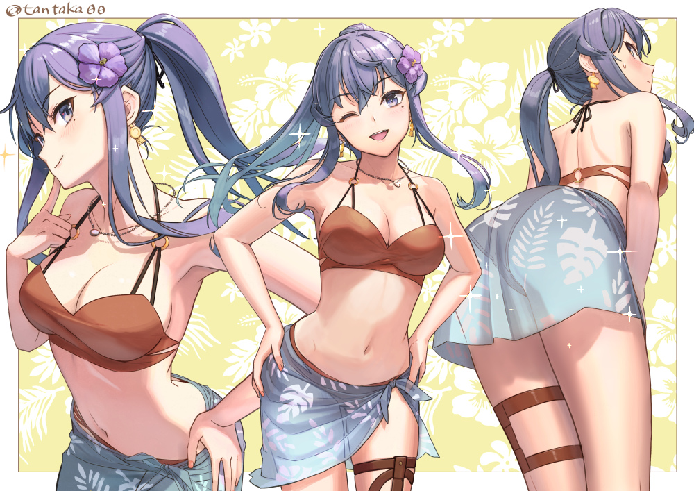 1girl, ;d, ass, bare_arms, bare_shoulders, bikini, blue_eyes, blue_hair, blue_sarong, blush, breasts, brown_bikini, butt_crack, cleavage, closed_mouth, collarbone, commentary_request, earrings, floral_background, floral_print, flower, from_behind, gotland_(kancolle), gotland_andra_(2021_swimsuit)_(kancolle), gotland_andra_(kancolle), hair_between_eyes, hair_flower, hair_ornament, hand_on_own_hip, jewelry, kantai_collection, long_hair, looking_at_viewer, medium_breasts, mole, mole_under_eye, multiple_views, navel, necklace, one_eye_closed, open_mouth, ponytail, purple_flower, revision, sarong, smile, sparkle, swimsuit, tantaka, thigh_strap, twitter_username