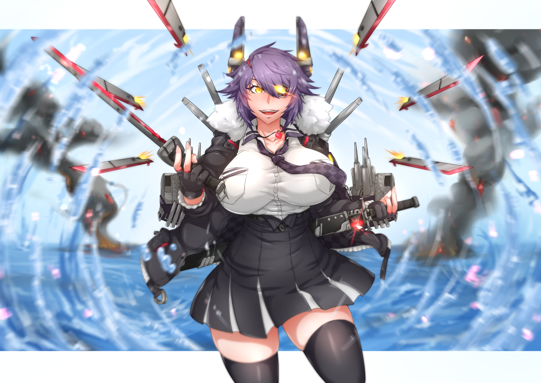 1girl, black_gloves, black_jacket, black_thighhighs, breast_pocket, breasts, chanary, checkered_clothes