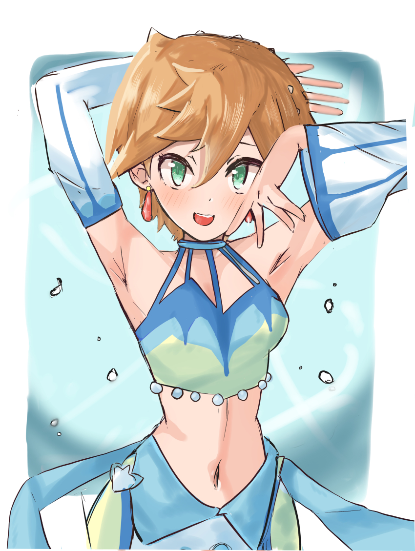1girl, absurdres, armpits, bare_shoulders, blush, breasts, detached_sleeves, earrings, eyelashes, green_eyes, highres, jewelry, looking_at_viewer, misty_(pokemon), misty_(sygna_suit)_(pokemon), monmon_(monmon_k18), navel, nintendo, official_alternate_costume, open_mouth, orange_hair, pokemon, pokemon_masters_ex, shirt, short_hair, skirt, smile, solo