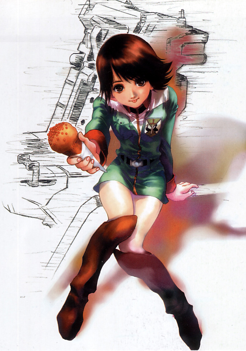 :p, asuna_elmarit, boots, brown_hair, ecole_du_ciel, food, gundam, highres