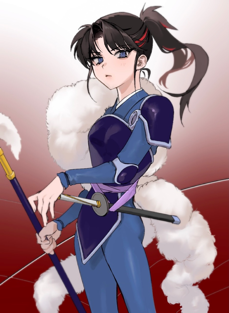 1girl, armor, black_hair, blue_armor, blue_bodysuit, blue_eyes, blush, bodysuit